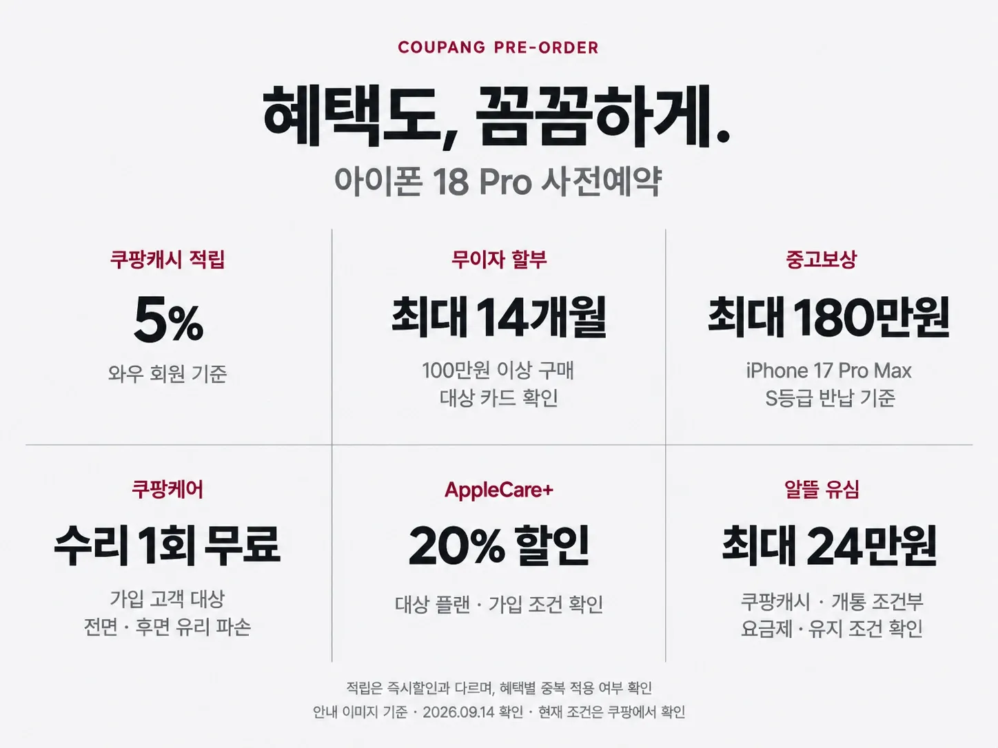 아이폰 18 프로 쿠팡 사전예약 5% 적립 무이자 할부 중고보상 케어 할인과 적용 조건